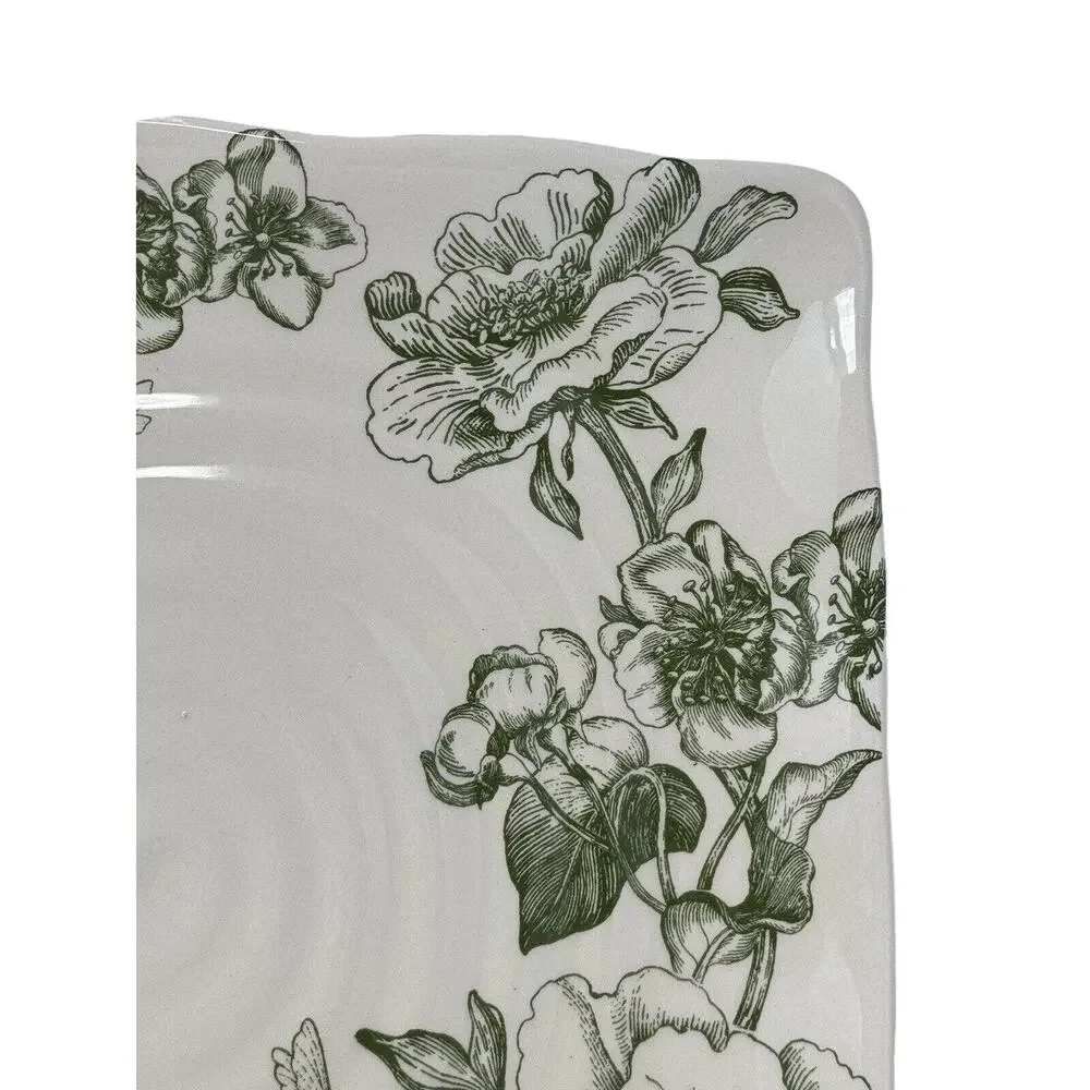 MAXCERA Green Floral Dinner Plates 11in Square Ceramic Set of 2 NEW